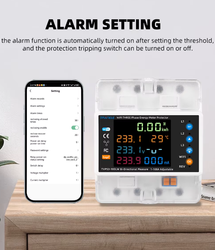 محافظ هوشمند سه‌فاز WiFi دوطرفه Taxnele مدل 100A