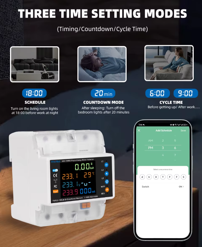 محافظ هوشمند سه‌فاز WiFi دوطرفه Taxnele مدل 100A