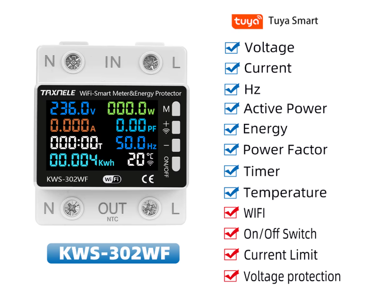 محافظ هوشمند تکفاز مدل Taxnele KWS-302WF – کنترل ولتاژ، جریان و دما