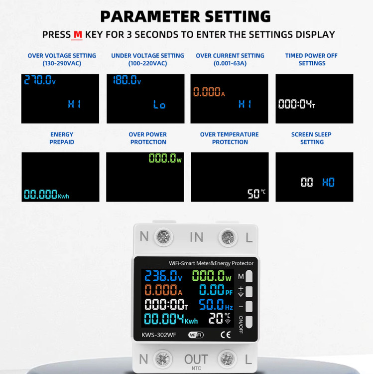 محافظ و نمایشگر هوشمند تکفاز مدل KWS-302WF – کنترل ولتاژ، جریان و دما