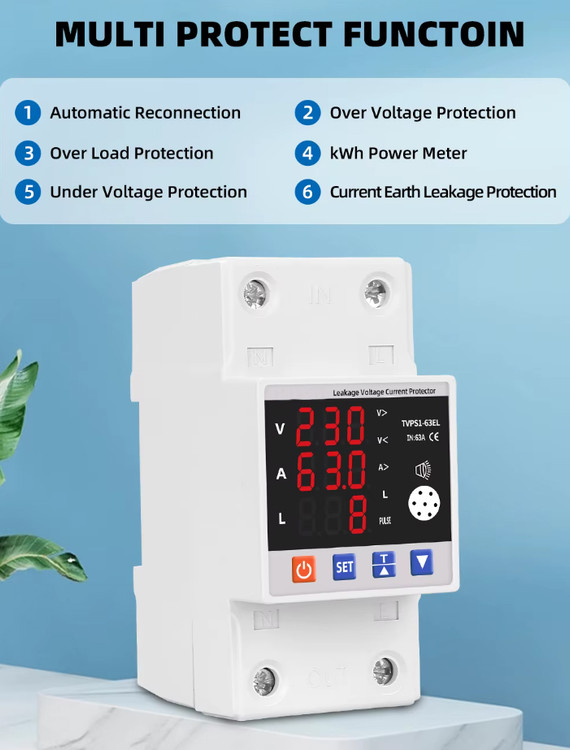 محافظ ولتاژ، جریان و نشتی جریان 63 آمپر مدل TVPS1-63EL