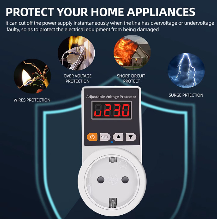 محافظ ولتاژ پلاگین مدل دیجیتال قابل تنظیم 16 آمپر