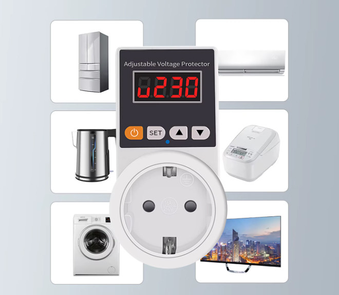 محافظ ولتاژ پلاگین مدل دیجیتال قابل تنظیم 16 آمپر